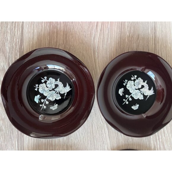 Vintage Set of 6 Asian Lacquer & Mother of Pearl in-lay cup covers coasters dish - Picture 5 of 7